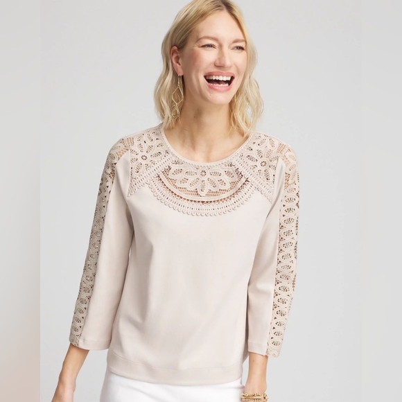 Chico's Tops - CHICO'S | Lace Cut-Out Tee SMOKEY TAUPE